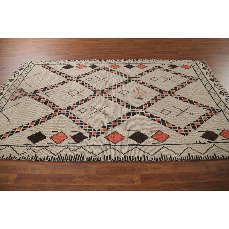 Geometric Moroccan Oriental Area Rug Hand-Knotted Beige Wool Carpet - 6'0"x 9'8"