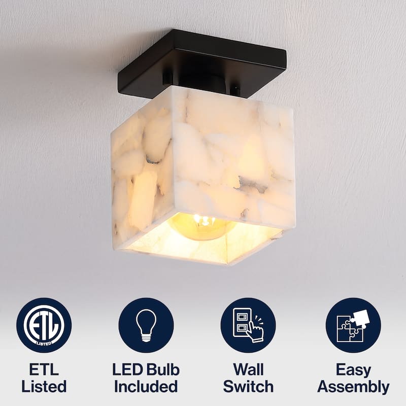 Chiara 5" 1-Light Modern Contemporary Alabaster/Iron Cube LED Semi Flush Mount, White Marbling/Brass Gold by JONATHAN Y