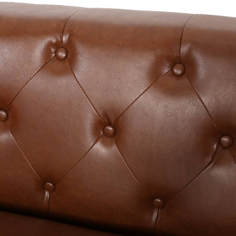 Faux Leather Button Tufted 3-seater Sofa with Birch Wood Legs