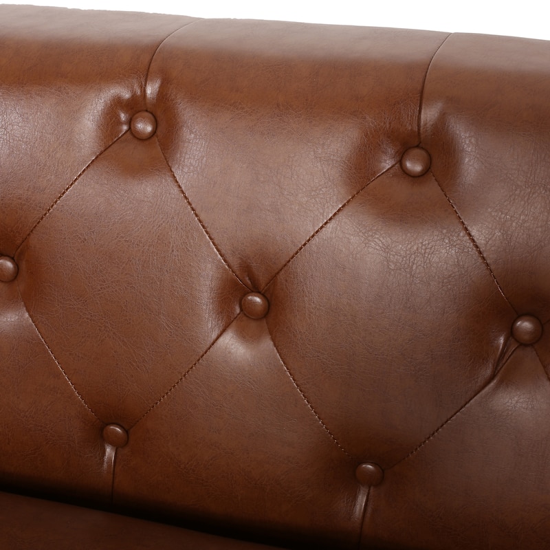 Light Brown 90" Faux Leather Button Tufted 3-seater Sofa with Birch Wood Legs for Living Room