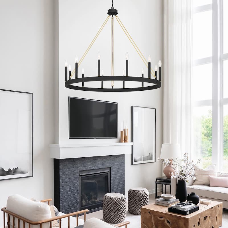 Update 12-light 40In Modern Farmhouse Wagon Wheel Chandelier - N/A