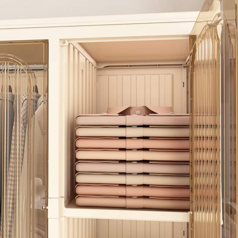Portable Wardrobe Closet Organizer with 12 Magnetic Doors, 12 Cubes, Hanging Rod & 6 Hangers, Plastic Storage Cabinet