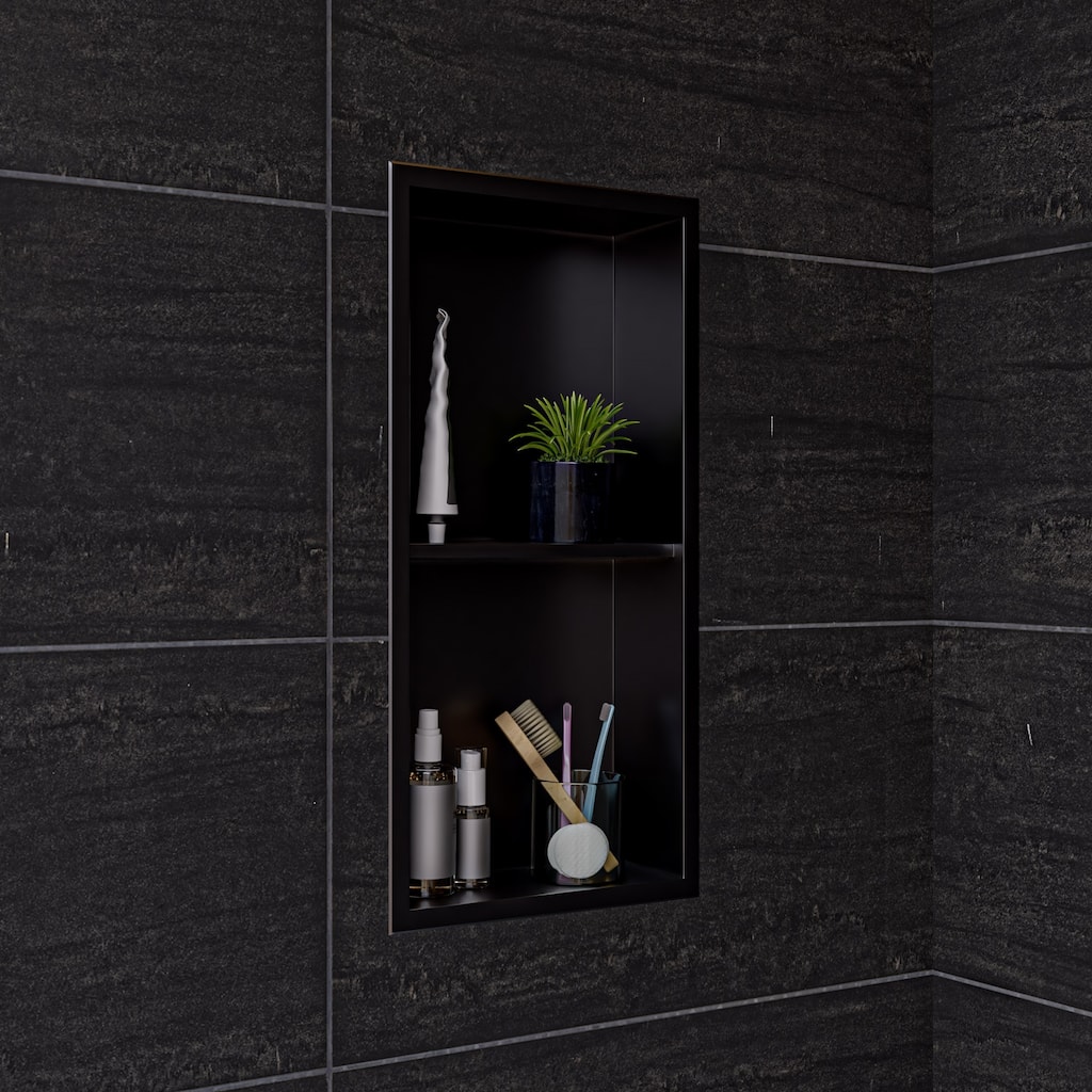 ALFI brand 12" x 24" Brushed Black PVD Stainless Steel Vertical Double Shelf Shower Niche
