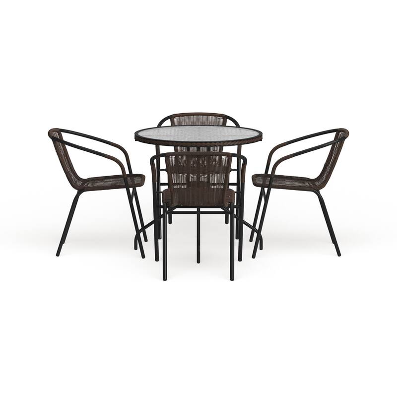 28'' Round Glass Metal Table with Rattan Edging and 4 Rattan Stack Chairs