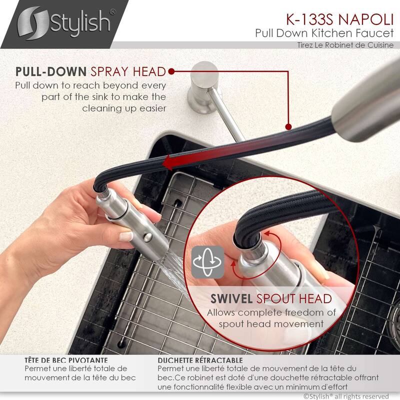 STYLISH Kitchen Sink Faucet Single Handle Pull Down Dual Mode in Stainless Steel