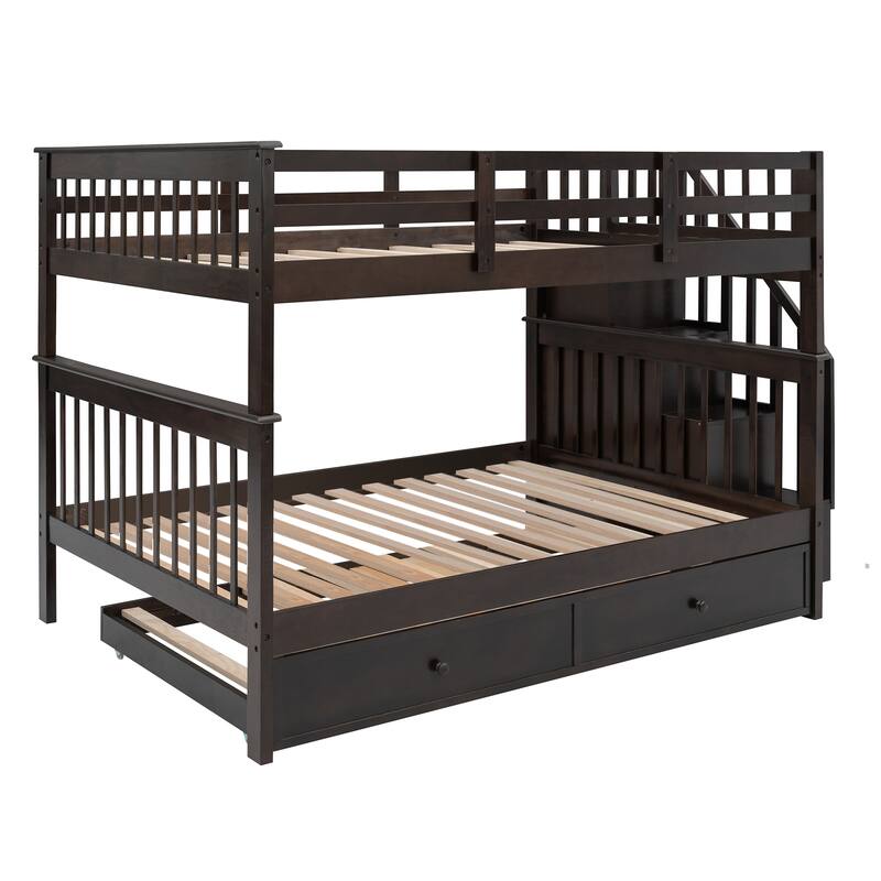 Full Over Full Bunk Bed with Stairway, Twin Size Trundle, Guard Rail and Storage
