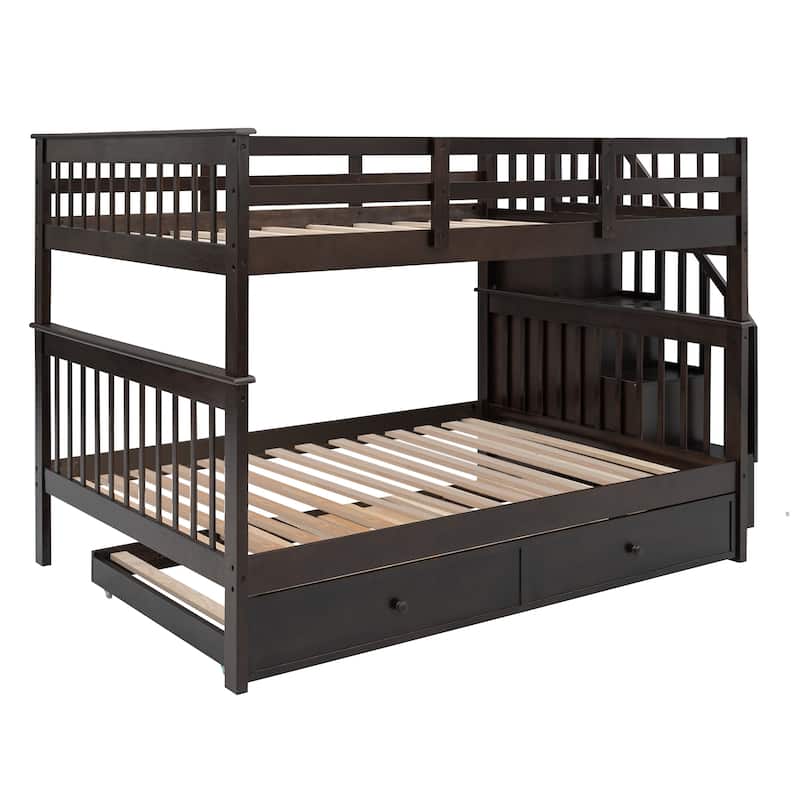 Stairway Bunk Bed with Trundle, Storage and Guard Rail for Bedroom, Dorm