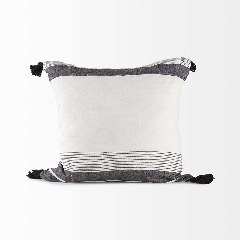 Kimia 14L x 26W White, Gray, and Black Fabric Herringbone and Fringed Decorative Pillow Cover