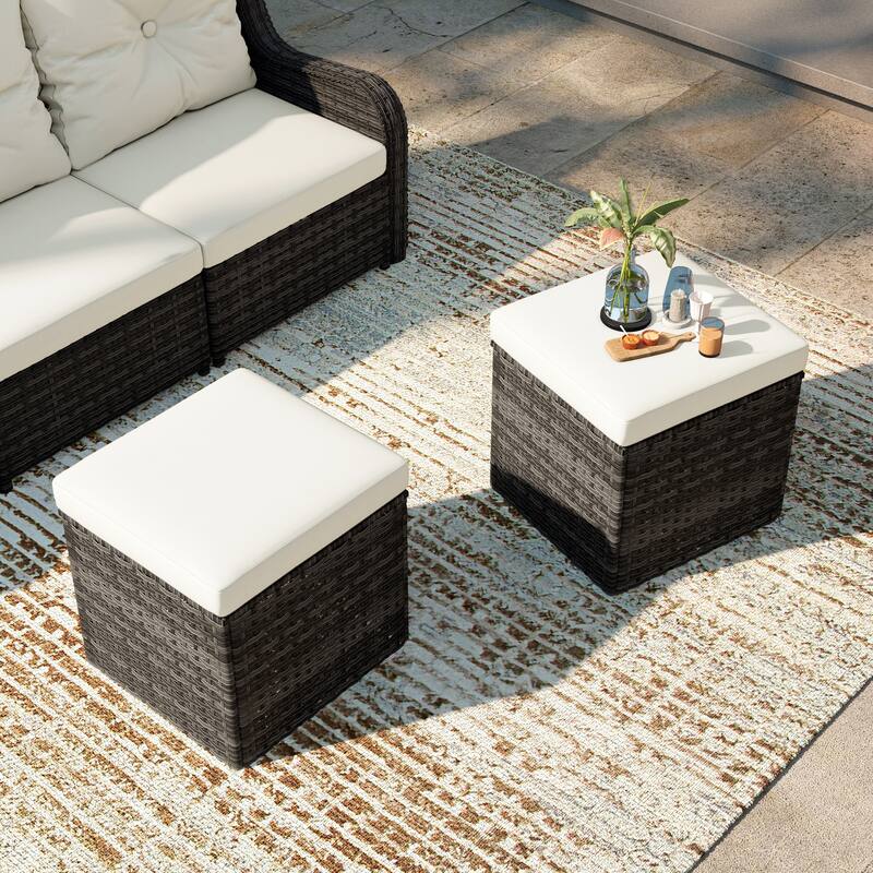 Outdoor Wicker Square Storage Ottoman with Plush Cushion(Set of 2)