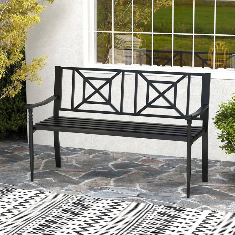 Gymax 51'' Metal Bench Slatted Garden Bench for 2-3 People Patio