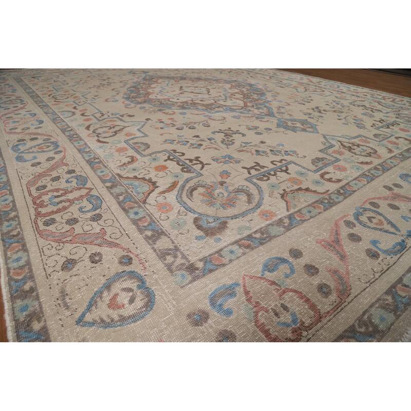 Geometric Beige Tabriz Persian Area Rug Hand-Knotted Wool Carpet - 9'8"x 13'4"