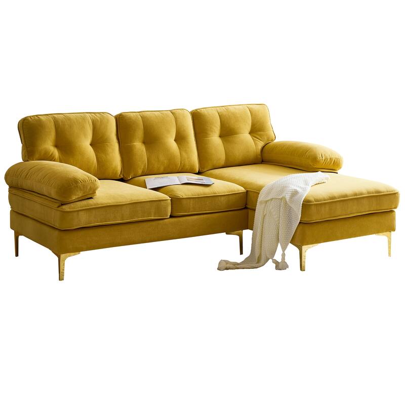 Velvet Sectional Sofas Couches with Pillow Top Arms and Upholstered Backrest, Modern L-Shaped Couches with Metal Legs
