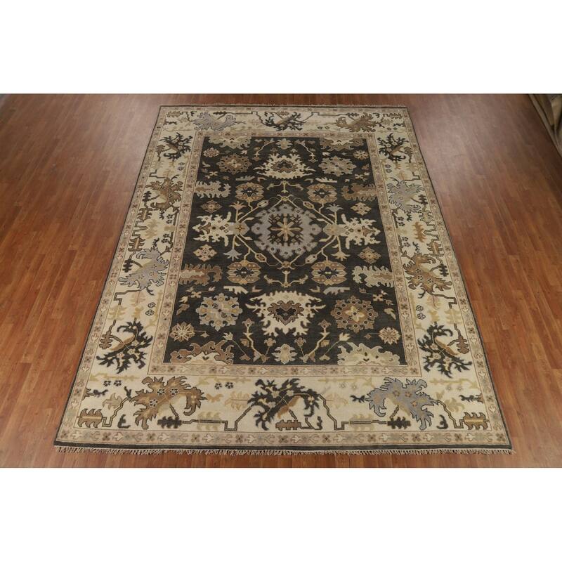 Gray Oushak Oriental Area Rug Hand-Knotted Wool Carpet - 9'0"x 11'11"