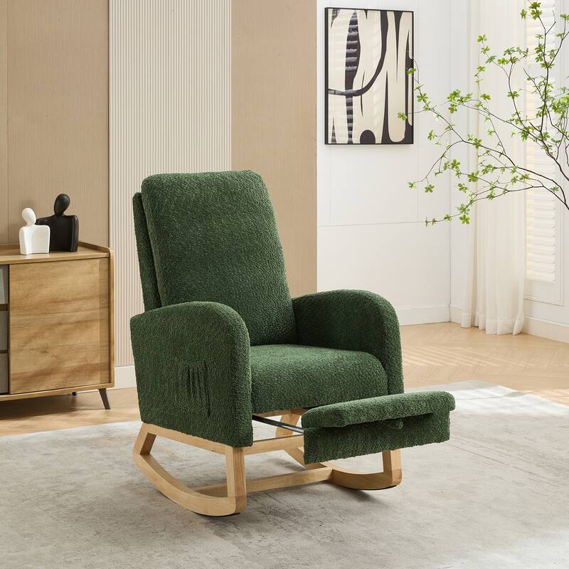 25.4"W Rocking Chair, High Back Glider Chair with Retractable Footrest, Side Pocket, Accent Armchair with Rubber Wood Legs