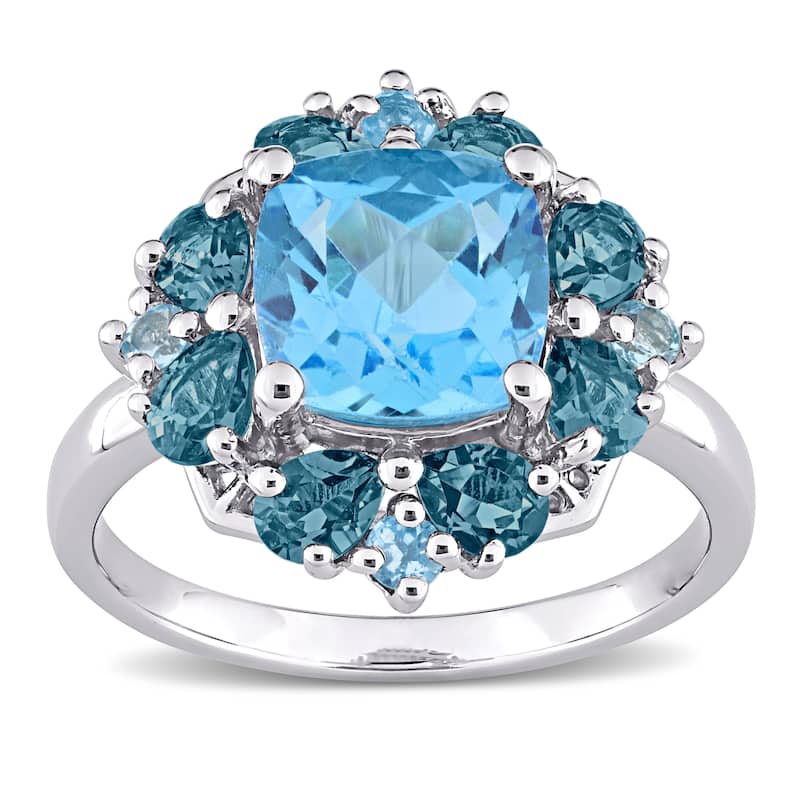 Miadora Sterling Silver 4 1/10ct TGW Swiss-Blue Topaz Floral Halo Cocktail Ring