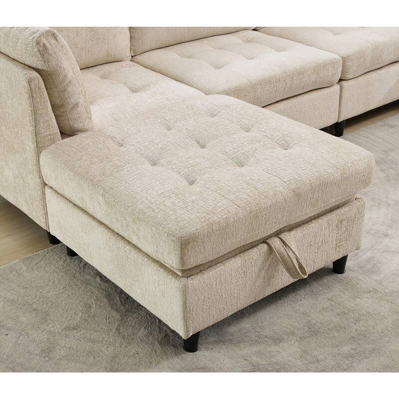 128" Chenille U-Shaped Modular Sectional Sofa with Storage Ottoman, Pocket Spring Support, and 6-Seat Configurable Design