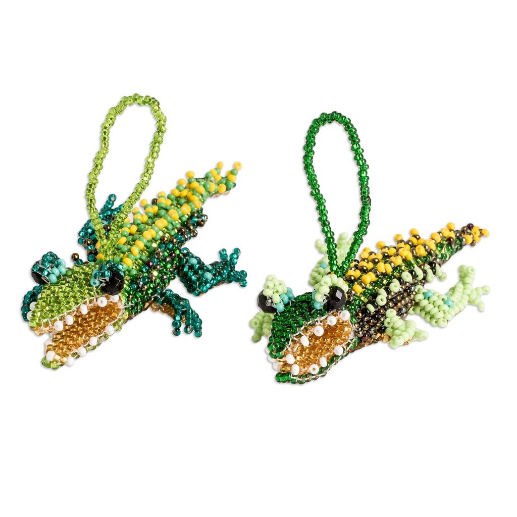 Novica Handmade Green Ferocious Friends Glass Beaded Ornaments (Pair)