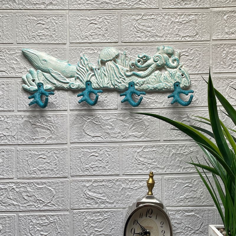 Cast Iron Sealife Plaque With Coral Hooks - Coastal Wall Decor - 5.75 X 15.5 X 2 inches
