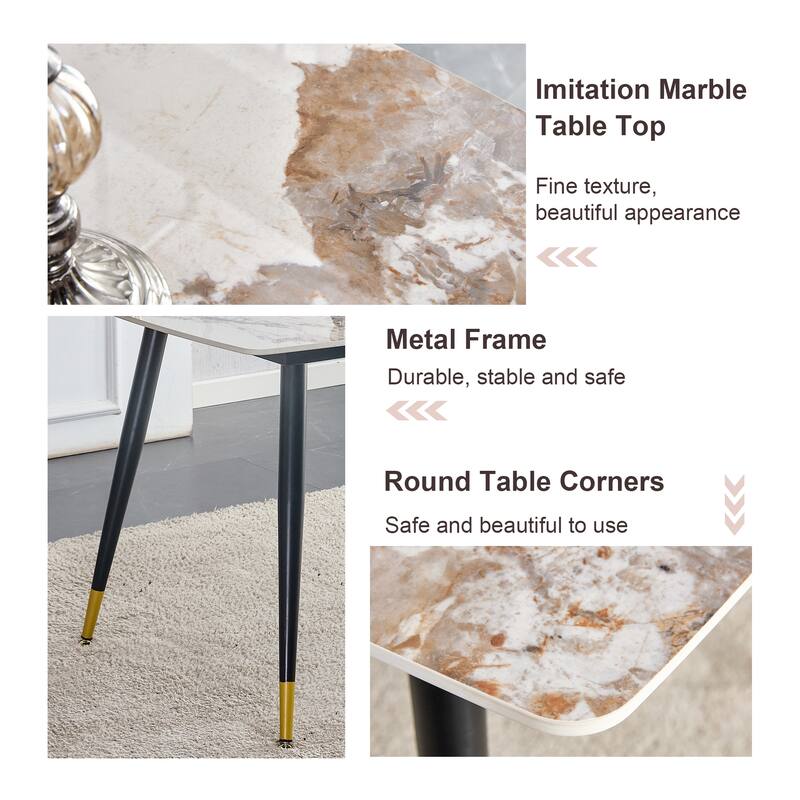 48.4" 5-Piece Sintered Stone Dining Table Set with 4 PU Chairs, Curved Widened Cushions, Pandora Patterned Rock Slab Desktop