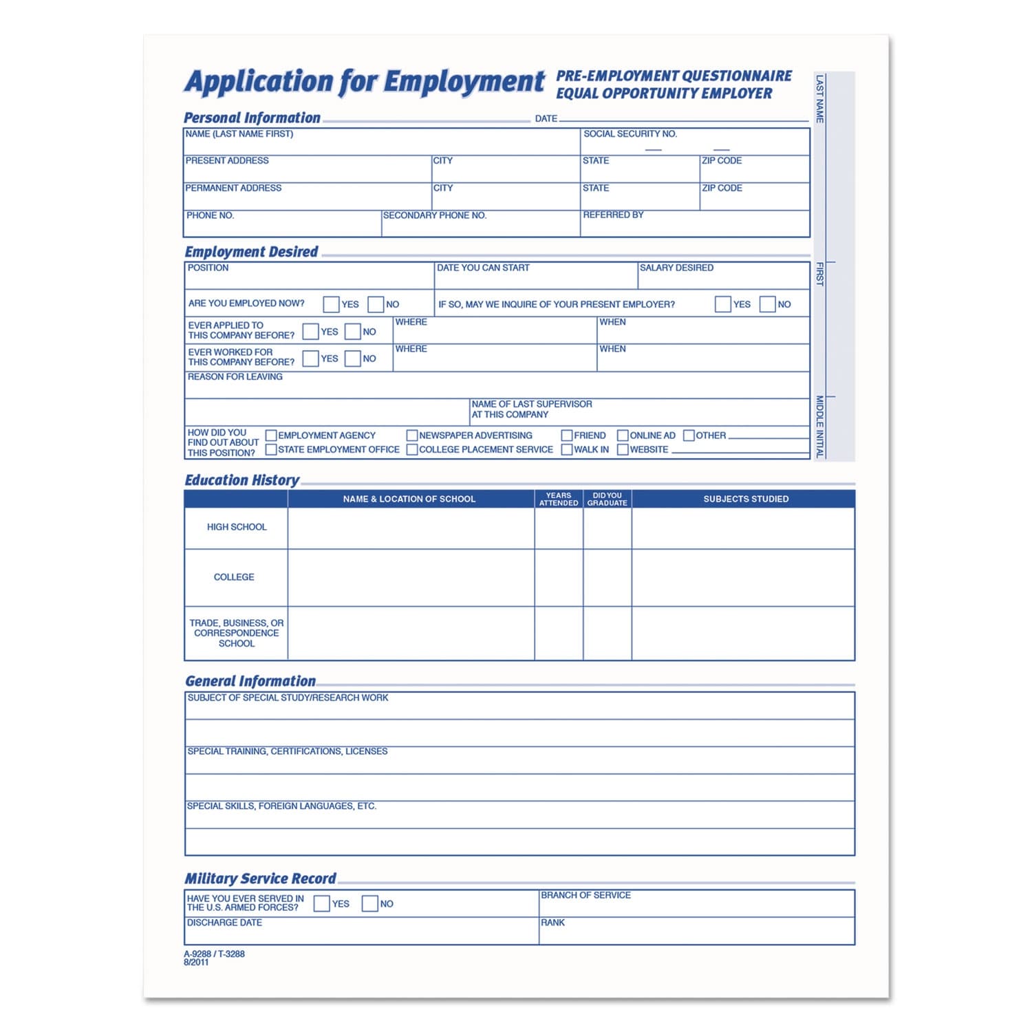 Comprehensive Employee Application Form, 8.5 x 11, 1/Page, 25 Forms - White