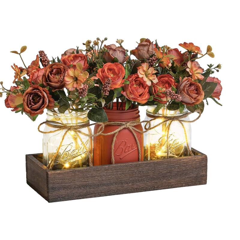 3 Pack Mason Jar Centerpiece with LED Lights & Wooden Tray, Farmhouse Floral Centerpieces for Dining Table, Coffee Table