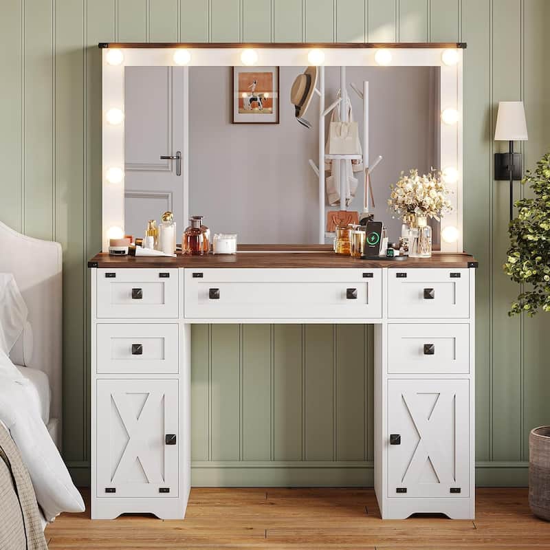 Makeup Vanity Desk with Large Hollywood Mirrors and Lights Bulb