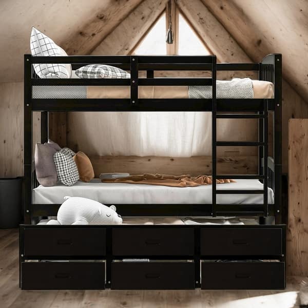 slide 2 of 32, Modern Twin Over Twin Bunk Bed With Trundle And Drawers,Sturdy Frame for Bedroom Espresso