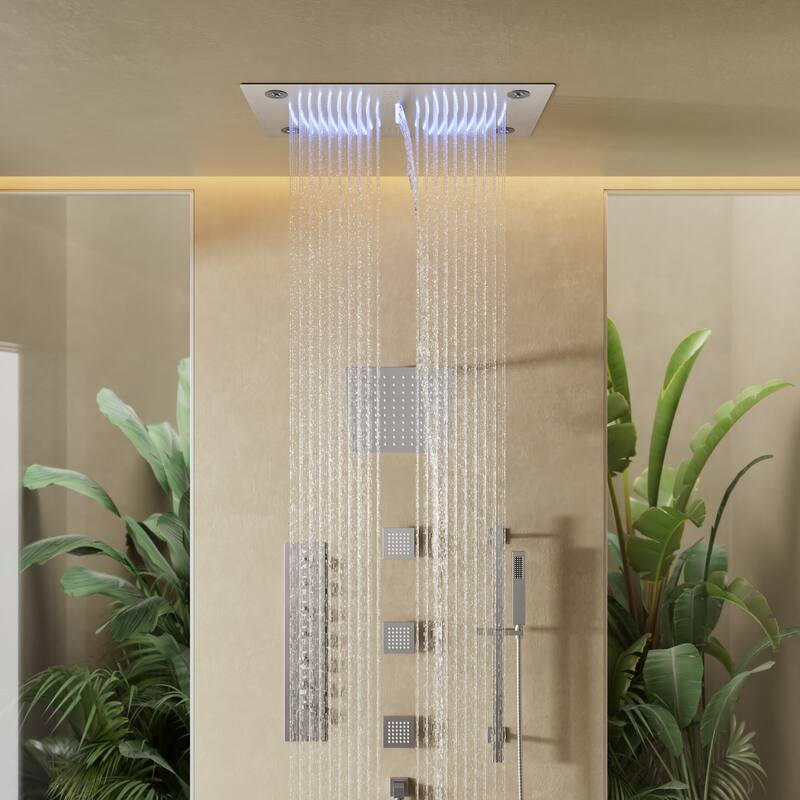 Thermostatic Dual Head System, 64-Color LED Mood Lighting 3-Functions Shower Head with Bluetooth Music & 3 Body Jets