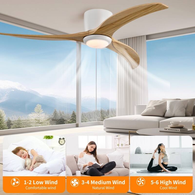 Modern 52" Ceiling Fan with Light & Remote, Matte White - Silent Reversible Motor, 6-Speed, Solid Wood Blades for Indoor Rooms