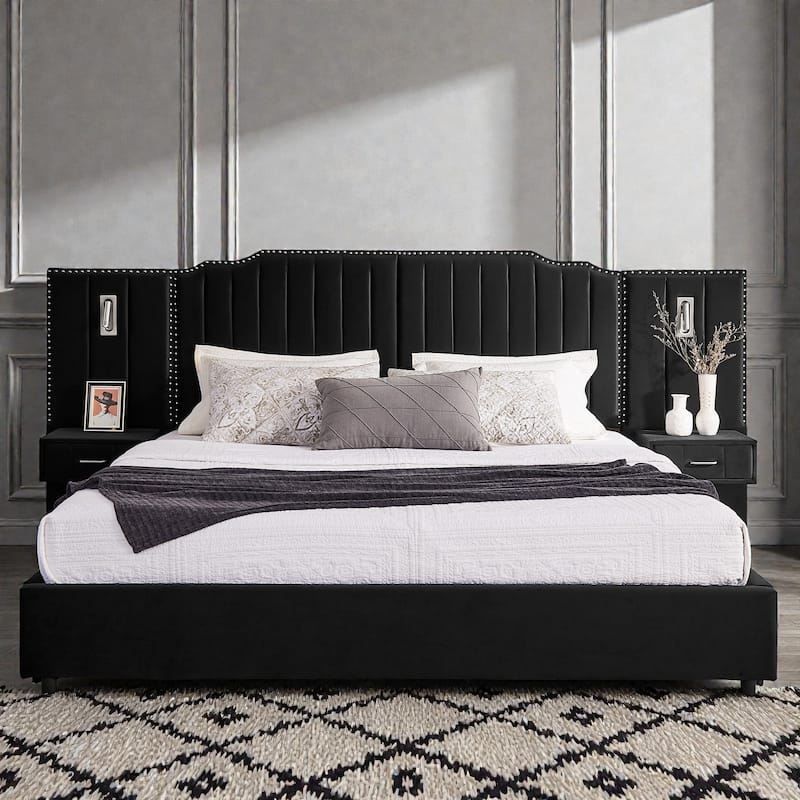 Modern Upholstered Bed Frame with Velvet Headboard, Vertical Channel Button Design, Integrated Nightstand, Platform Support