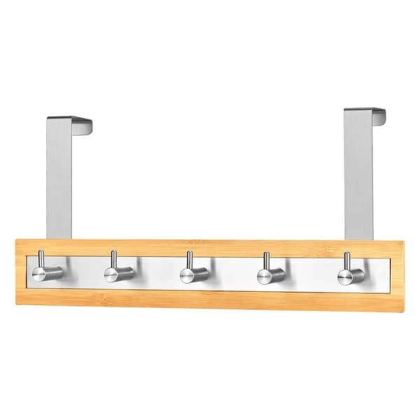 slide 2 of 8, Bamboo Stainless Steel Over-the-Door Towel Hooks: Stylish and Functional Bathroom Organization Solution for Towels and More Brown