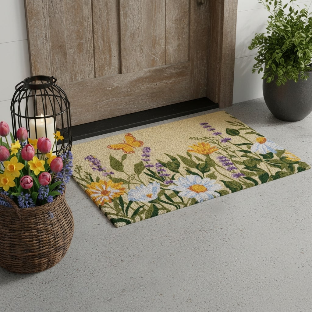 HomeRoots 18" X 30" Brown Green And Orange Floral Outdoor Coir Door Mat - 18.00' X '30.00