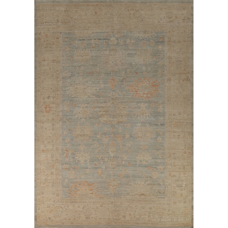 Vegetable Dye Blue Oushak Turkish Area Rug Hand-Knotted Wool Carpet - 9'0" x 11'10"