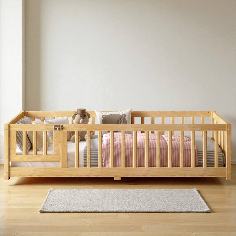 Twin/Full/Queen Size Wood Floor Bed with Door and Guardrails for Kids, Montessori Bed with Removable Slats