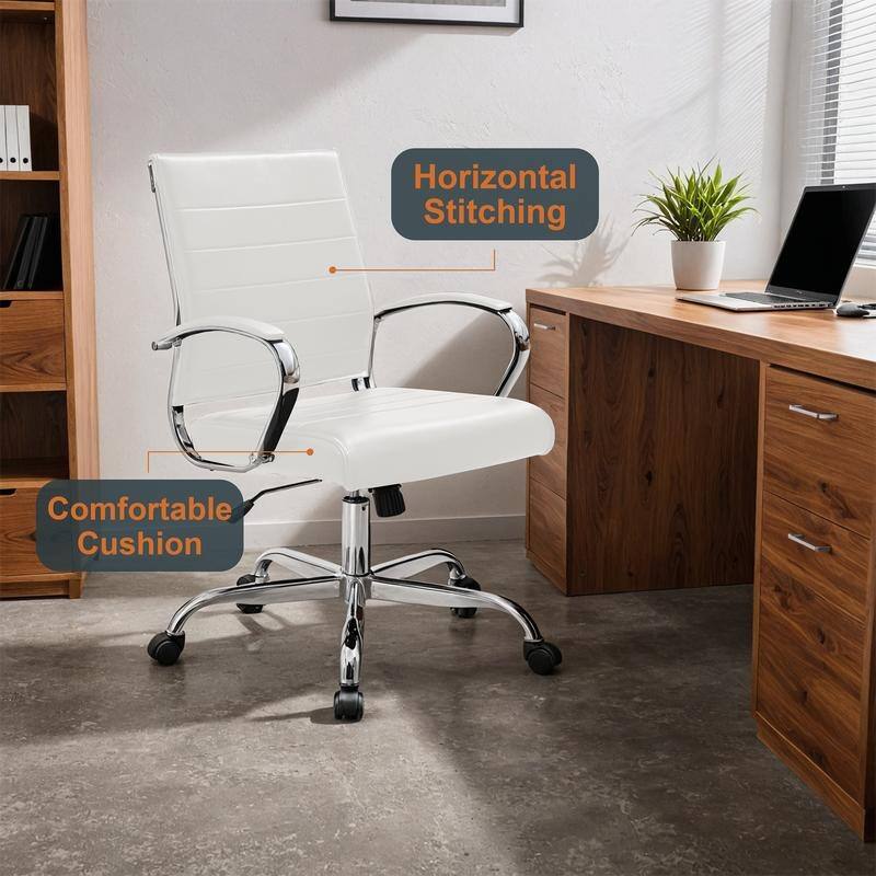 Benmar Modern Leather Ribbed Executive Office Chair with Chrome Frame, Adjustable Height, 360° Swivel, and Rolling Casters
