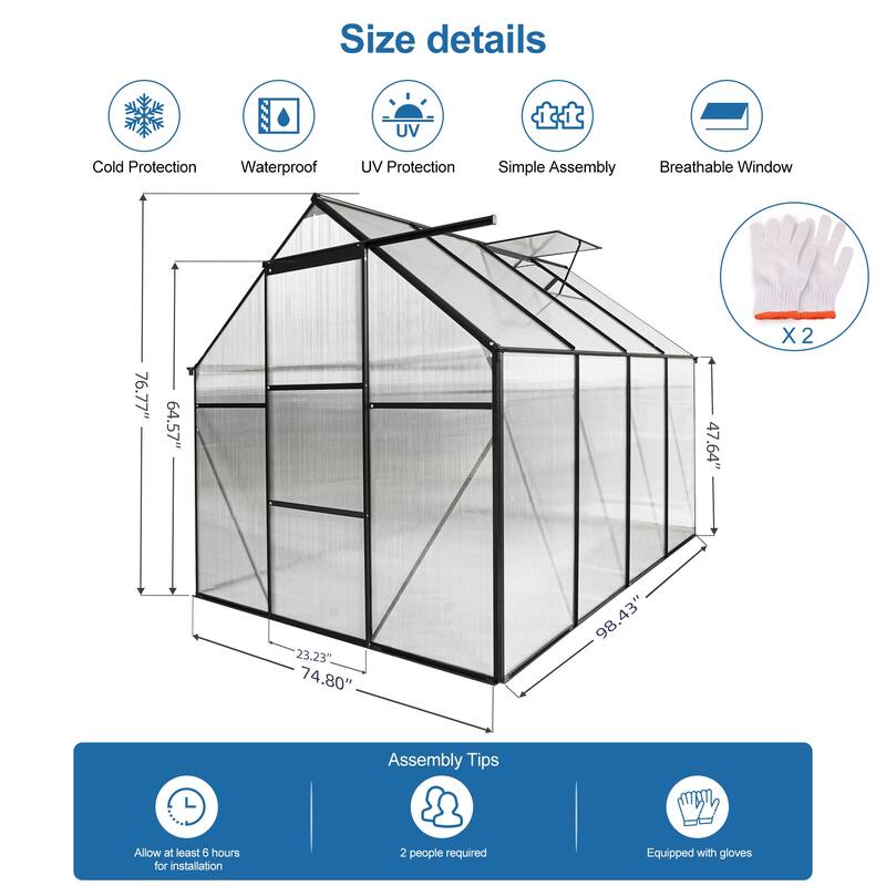 6x8 FT Polycarbonate Greenhouse Raised Base and Anchor Aluminum Duty Walk-in Greenhouses for Outdoor Backyard in All Season
