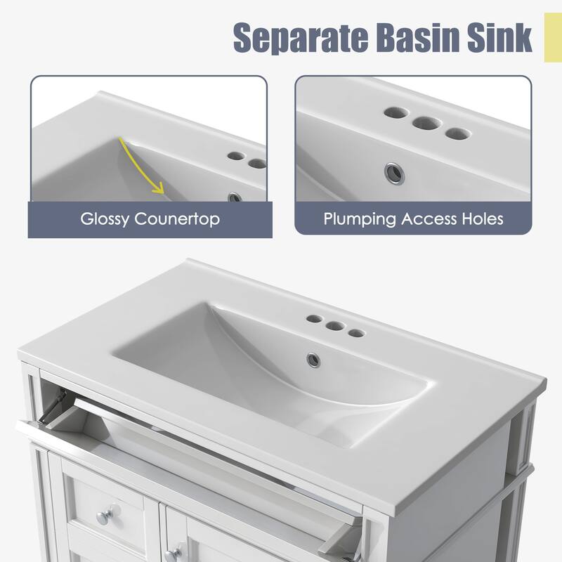 Modern 30" Bathroom Vanity, Single Sink with 2 Drawers, Tip-Out Drawer & Soft-Close Cabinet for Bathroom Storage
