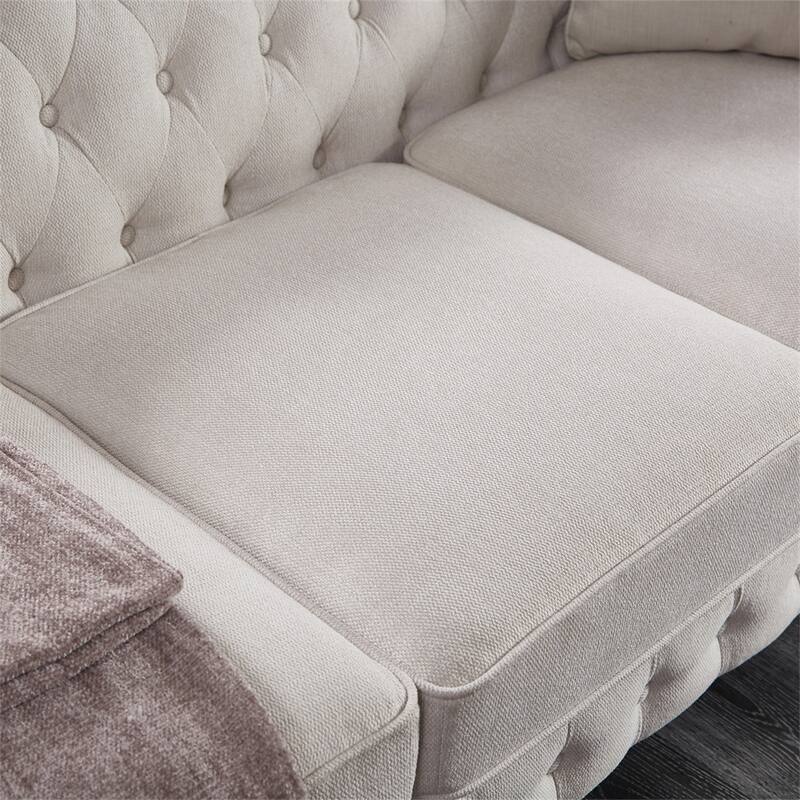 3 Seat Linen Fabric Couch, Solid Wood Chesterfield Round Armrest Sofa