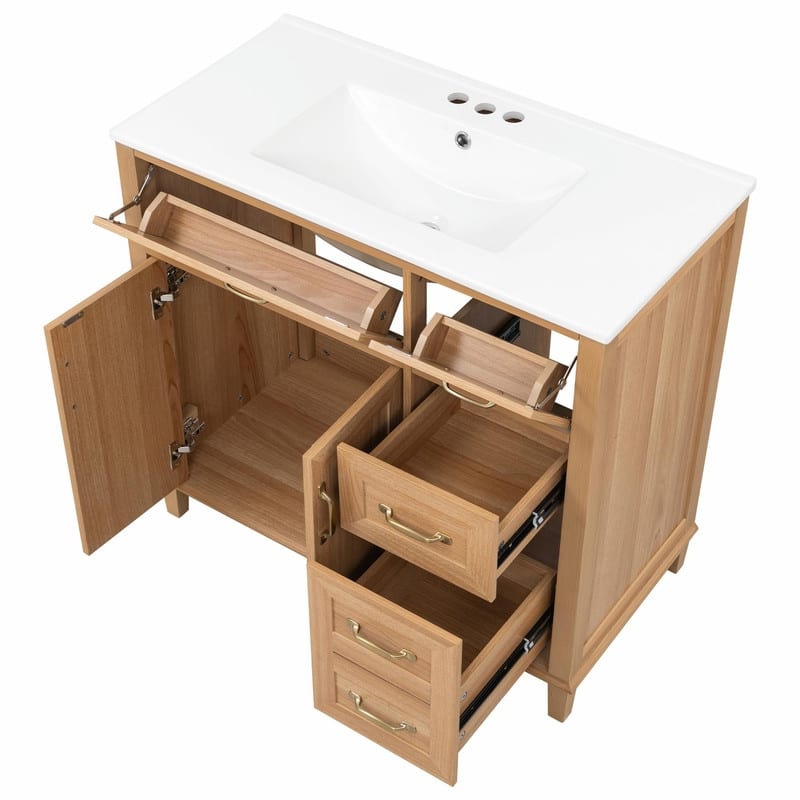 36 Inch Bathroom Vanity with Ceramic Sink, Modern Wood Grain Cabinet with Solid Rubberwood Legs, Soft-Close Doors & 4 Drawers