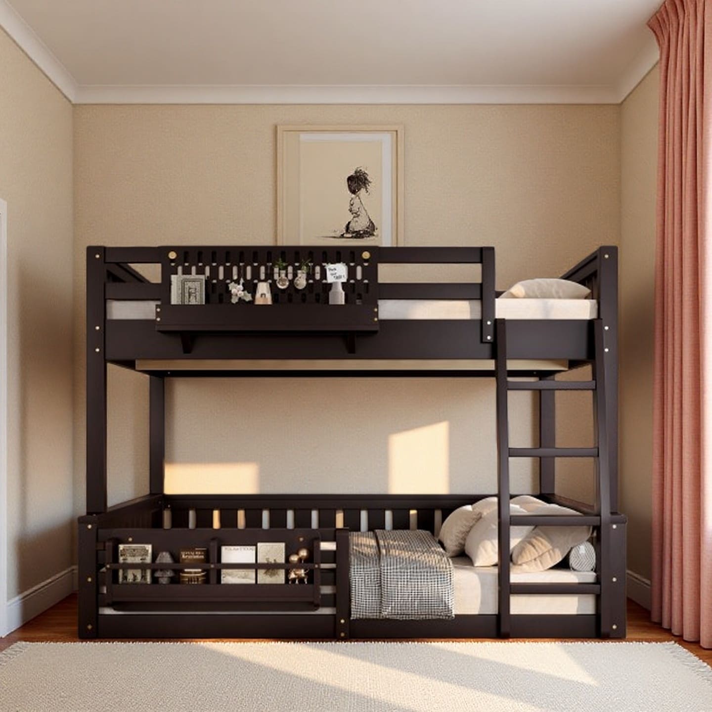 Twin XL over Queen Bunk Bed with Pegboard, Built-in Bookshelf, Ladder, and Guardrails, Space-Saving Solid Wood Kids Bed