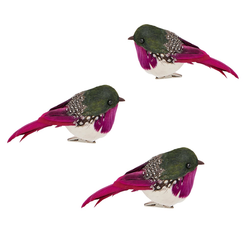 5" Feathered Purple Bird with Metal Clip, Set of 3 - 5
