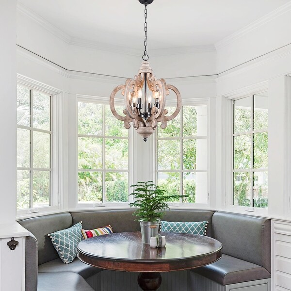 Oaks Aura French Country Cottage Crown Wood Chandelier 6 Light Shabby Chic Farmhouse Wood Ceiling Light Distressed White