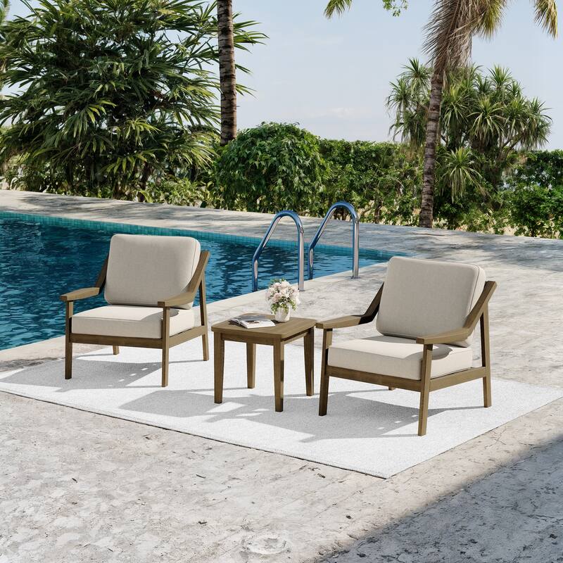3-piece Teak Modern Cushioned Club Chairs Set Patio Bistro Set
