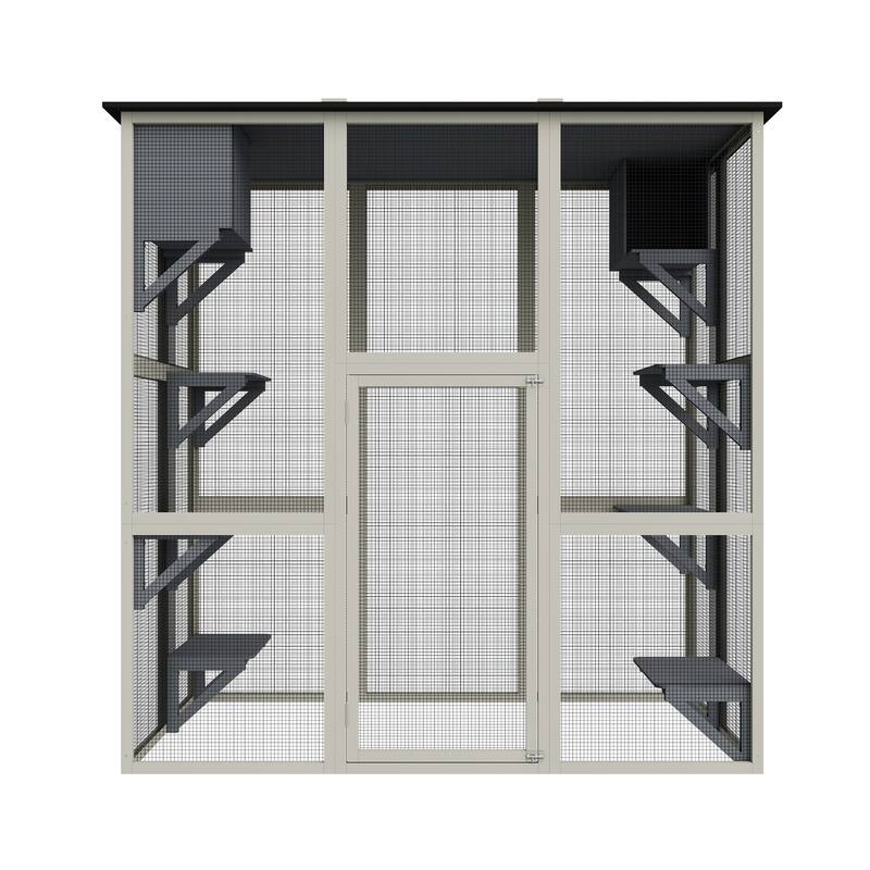 Wooden Outdoor Catio Cat Enclosure, Large Walk-in Cat House with Weatherproof Asphalt Roof, 6 Platforms & 2 Napping Box