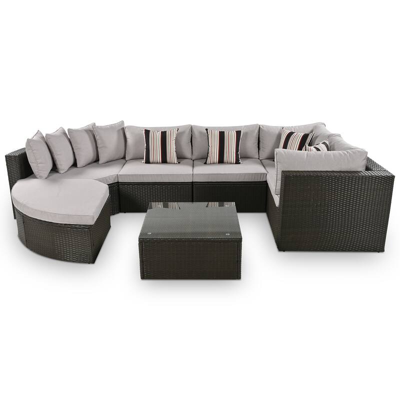 7-piece Outdoor Wicker Sofa Setw w/ Lounger & Striped Green Pillows, Conversation Sofa for Patio Garden Deck