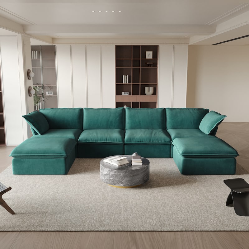 6 Piece U-shaped Velvet Upholstery Modular Sectional Sofa with 2 Ottoman - Green