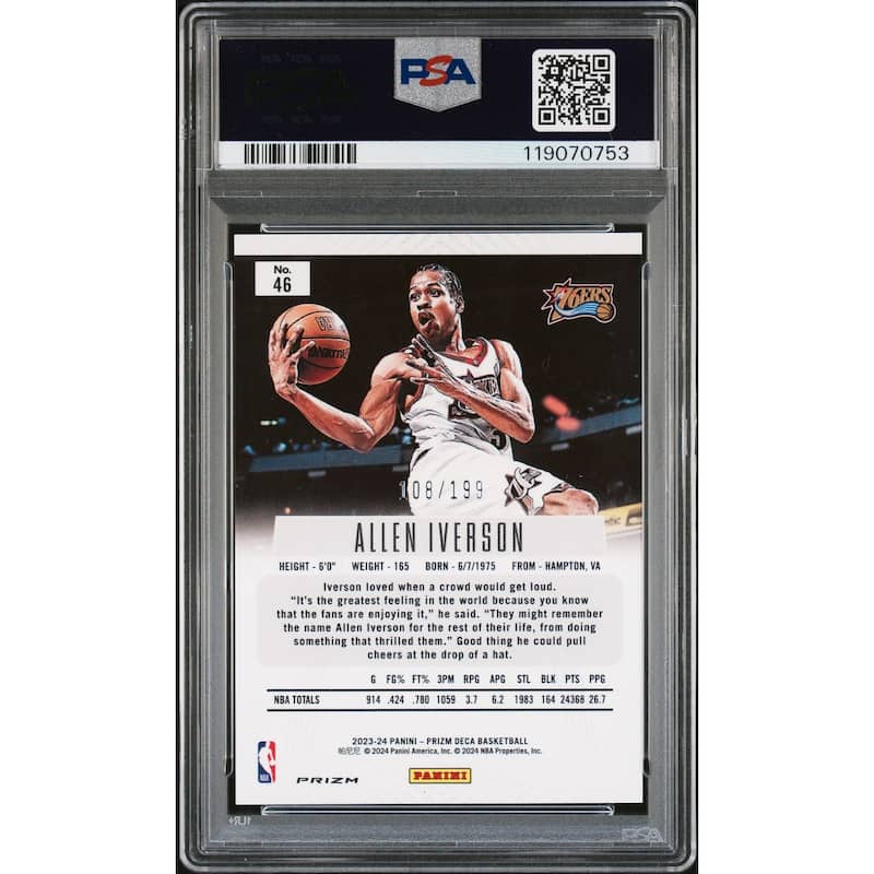 Allen Iverson 2023 Panini Prizm Deca Red Signed Basketball Card #46 Graded Authentic Auto PSA 108/199 Cert # 119070753