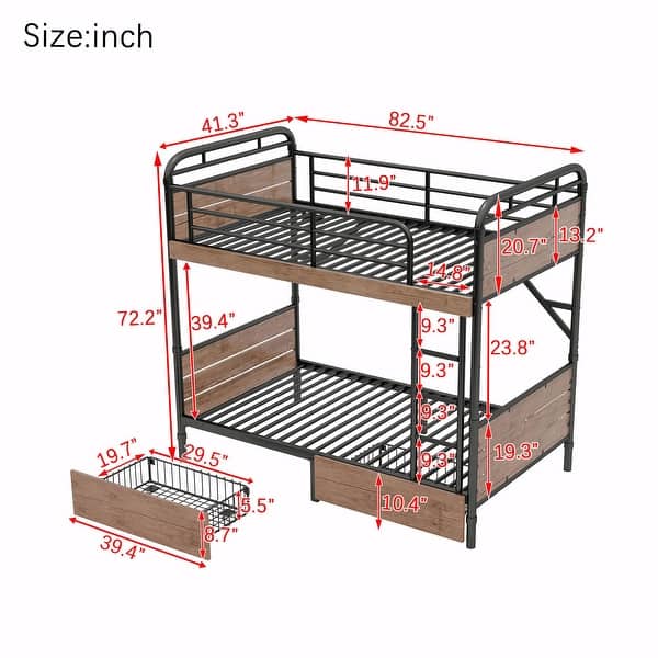 Twin XL Metal Bunk Bed with LED Light, Charge Station, and Storage Drawers