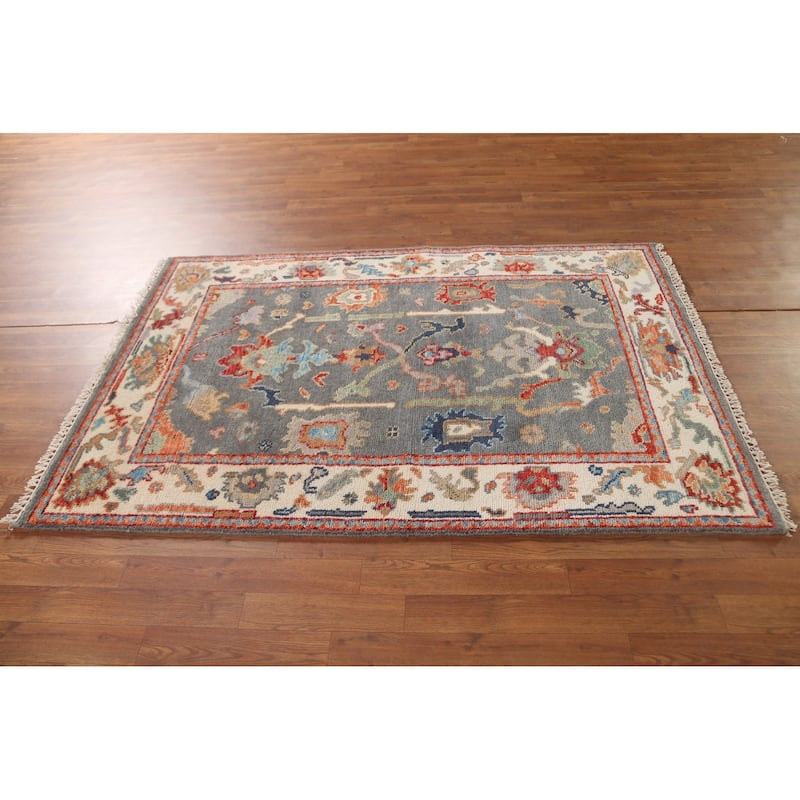 Gray Oushak Oriental Area Rug Handmade Geometric Wool Carpet - 4'0"x 6'0"