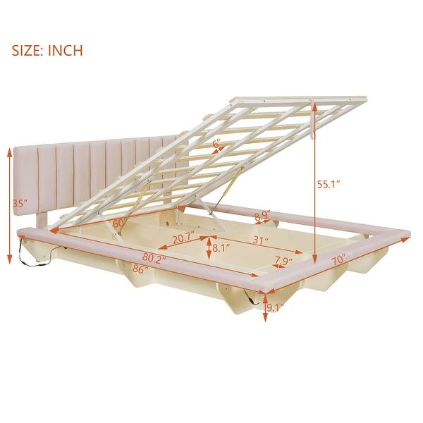 Pink Queen Velvet Upholstered Platform Bed w/ Hydrualic Storage, Floating Wood Bed Frame w/ LED Light & USB Port for Kids Adults